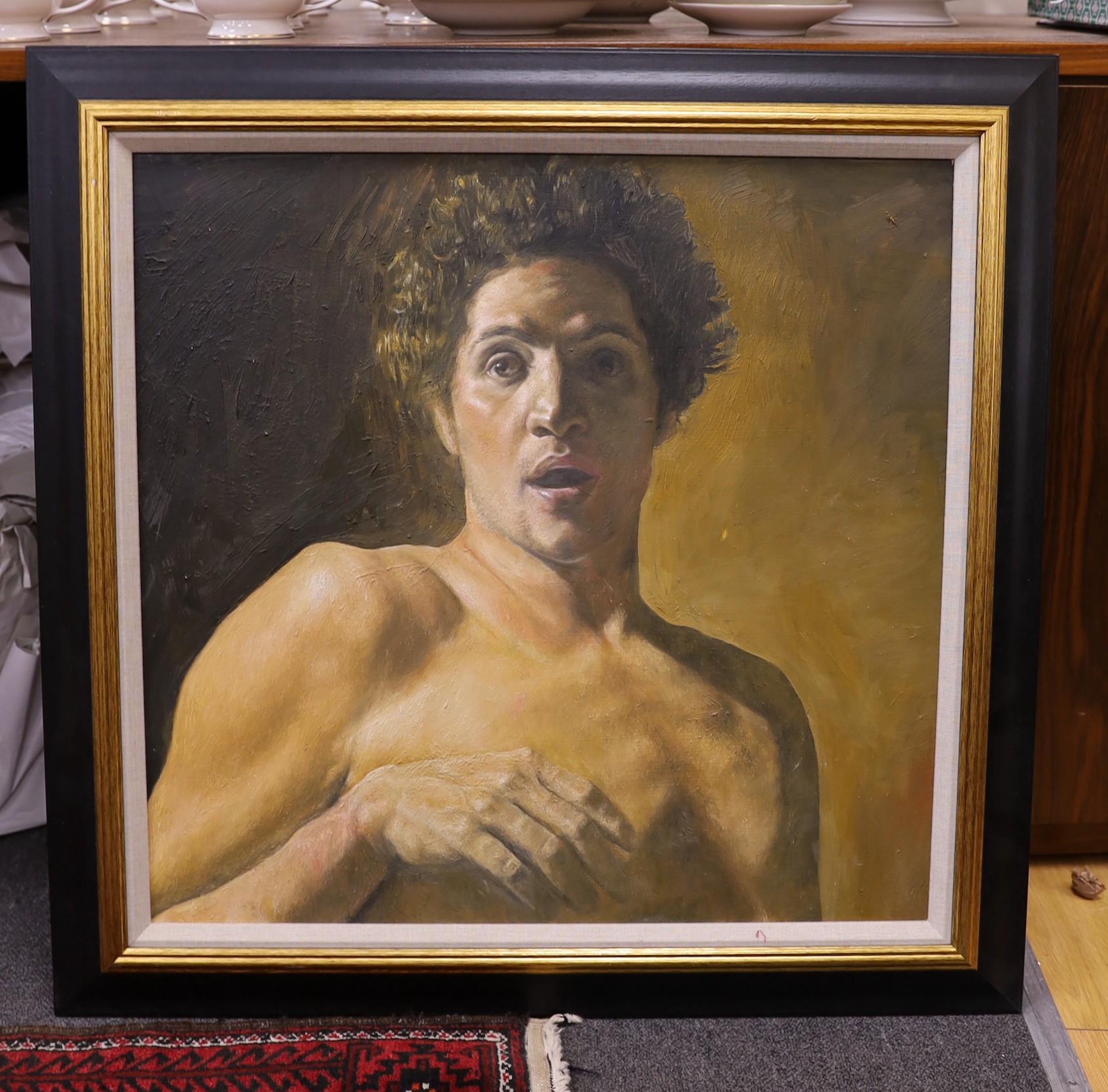 Modern British, oil on board, Portrait of a classical man, unsigned, 59 x 62cm
